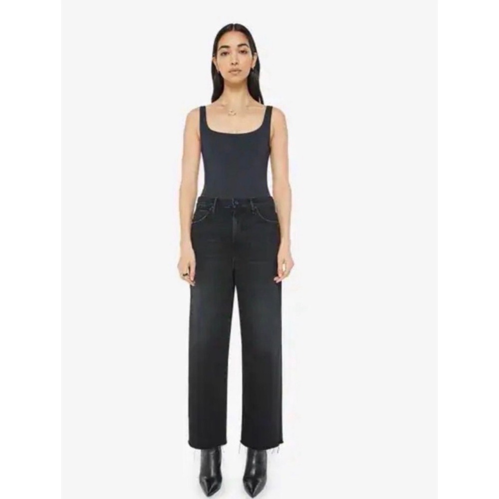 NWT MOTHER The Spitfire Ankle Fray Jeans 24 Black Wide Leg Raw Hem 11158-1046